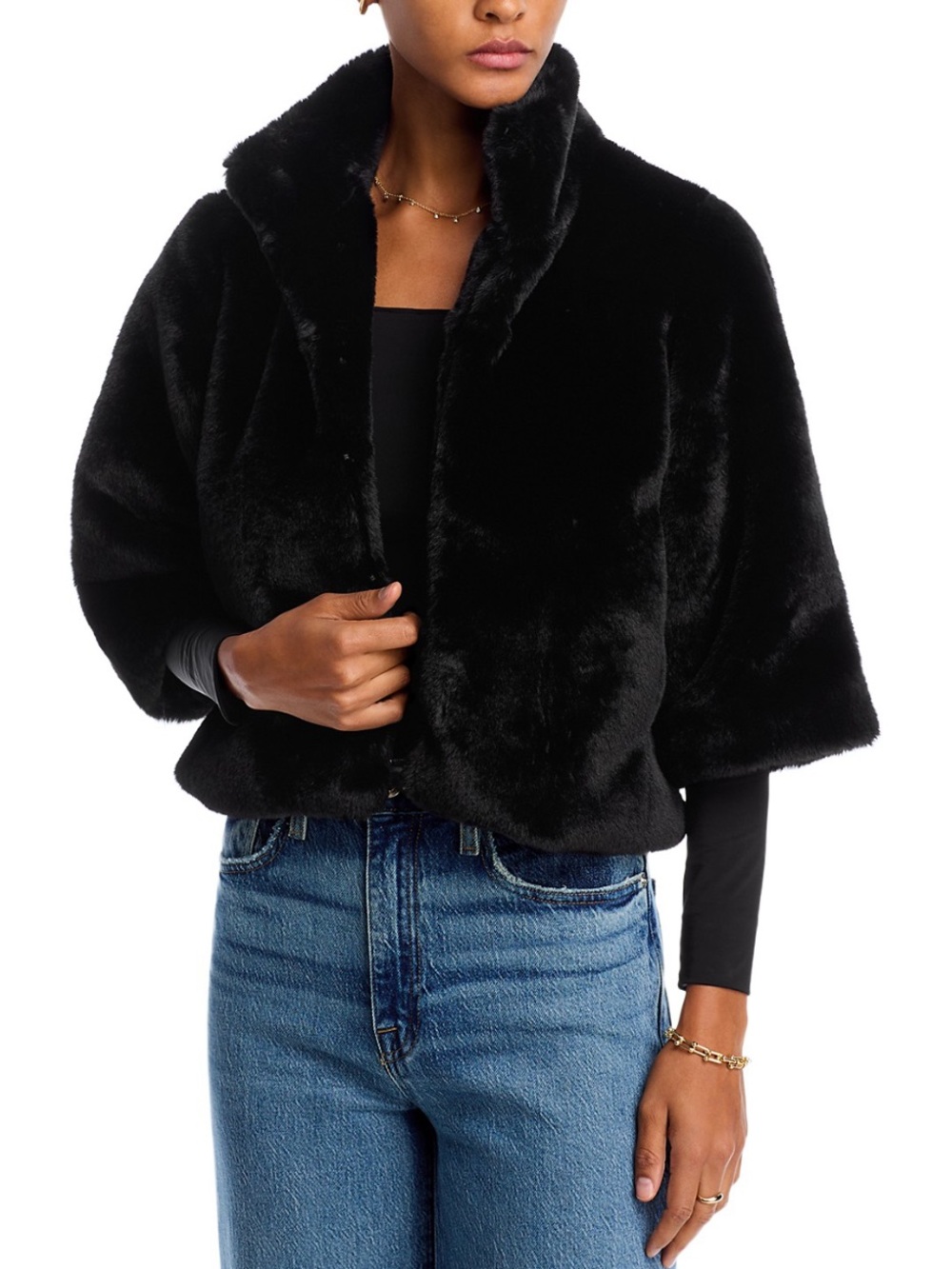 Echo New York Black Sheared Mink Faux Fur Open Front Capelet Shrug , size S/M
